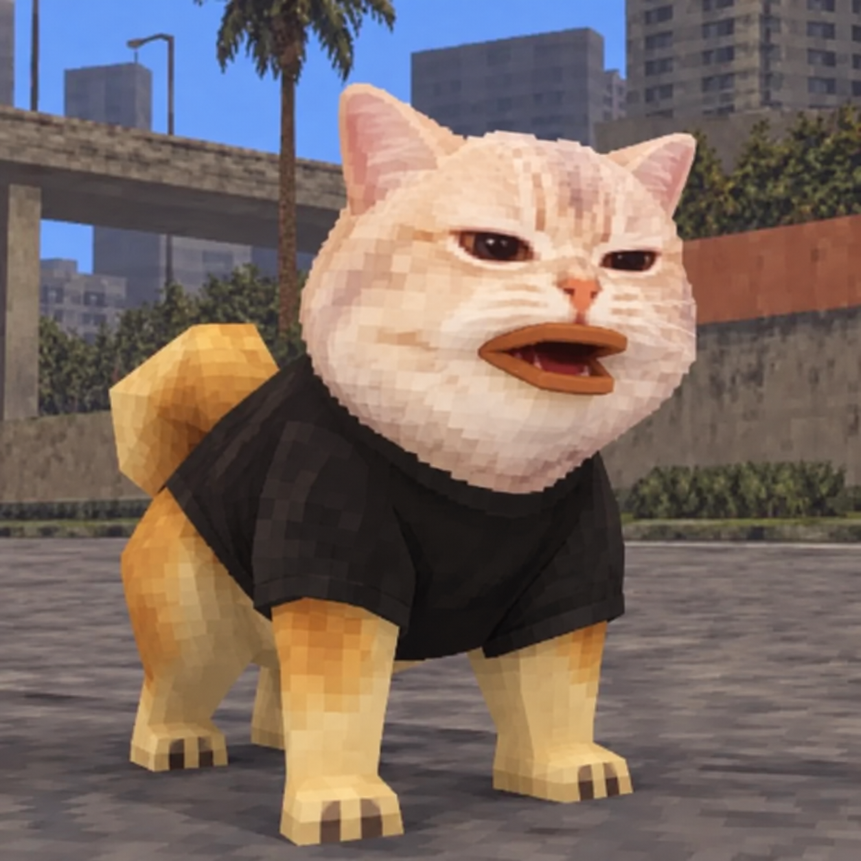 Doge Vrax: a low-poly golden dog with a cream cat face and black shirt on a city street